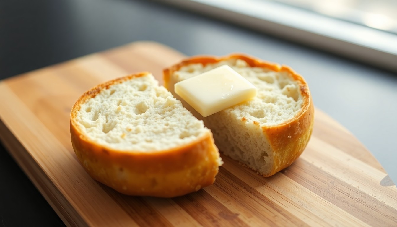 Golden keto bread sliced in half on a cutting board with butter melting on top