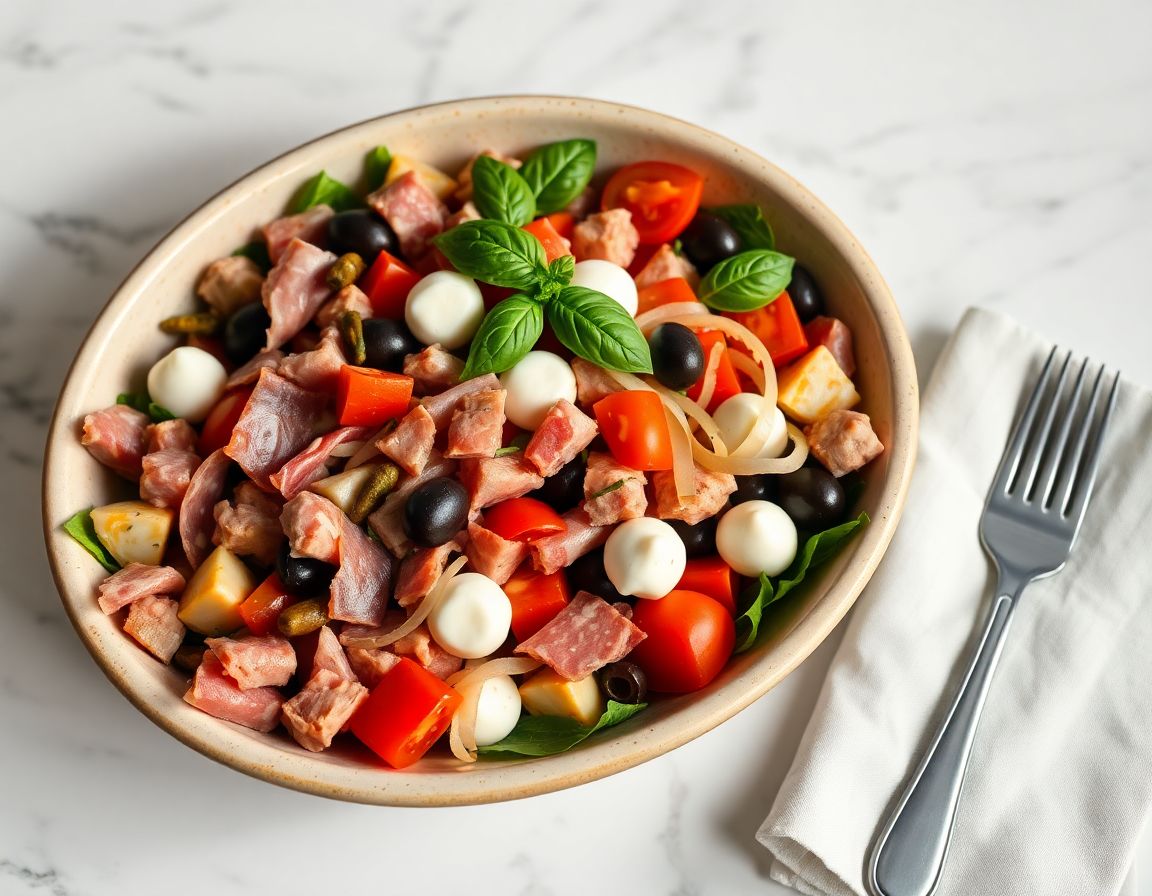 Antipasto salad with chopped salami, prosciutto, mozzarella balls, olives, artichoke hearts, and grape tomatoes topped with basil ribbons in a wide bowl.