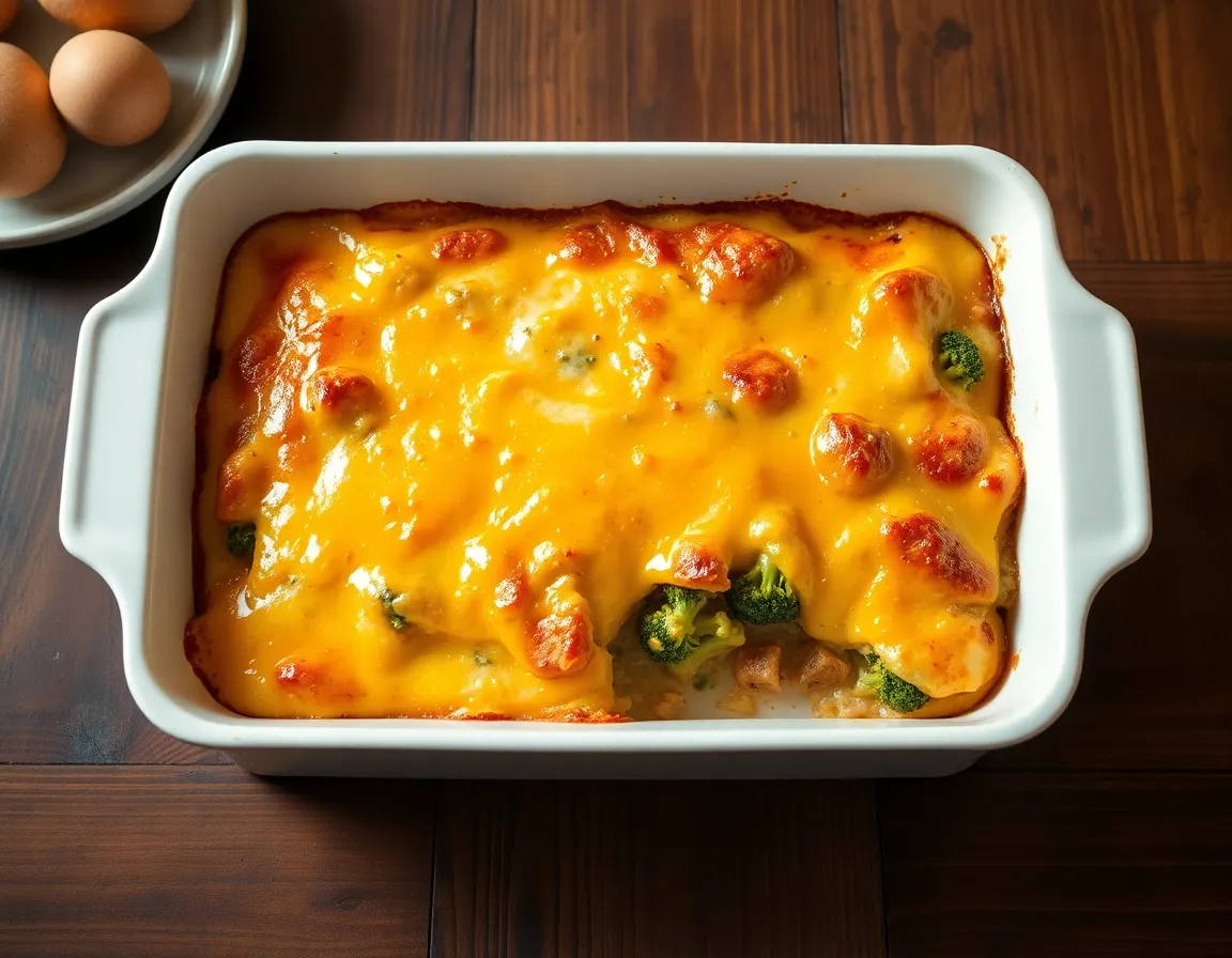 Golden keto breakfast casserole with sausage and cheese