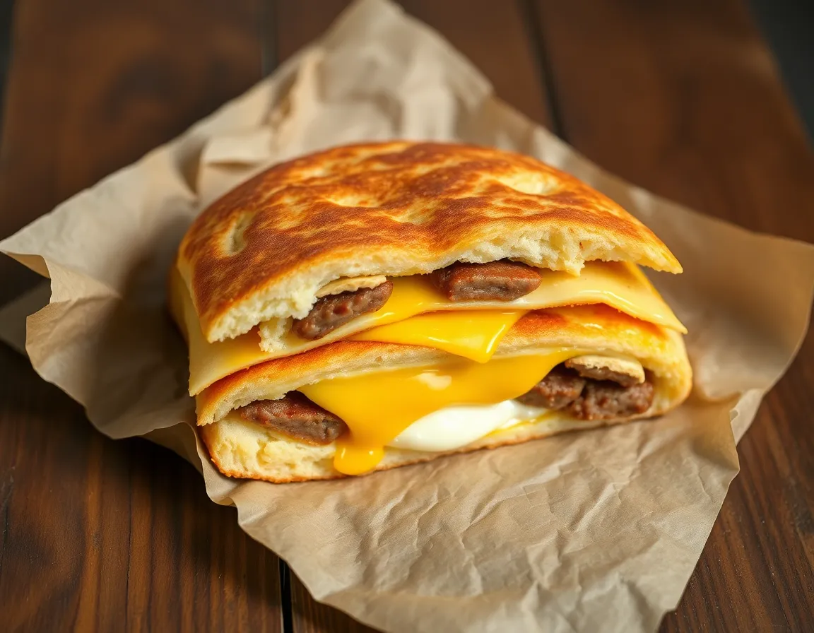 Keto breakfast sandwich with egg sausage and cheese