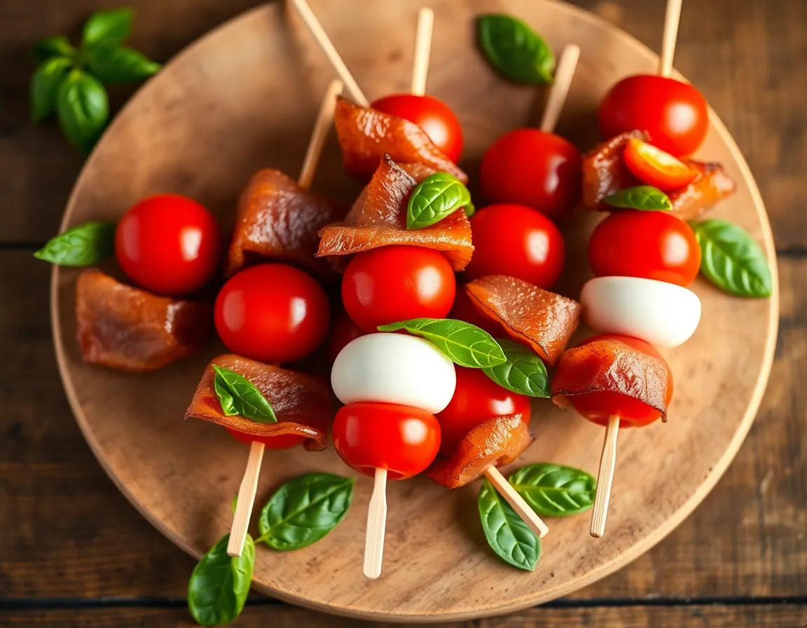 Caprese Skewers with Bacon and Pesto