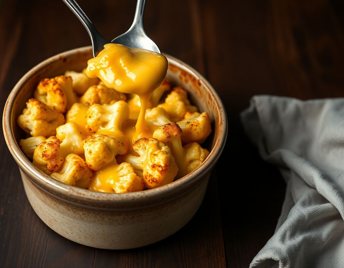 Roasted cauliflower florets coated in melted cheddar cheese sauce in a baking dish with a serving spoon.
