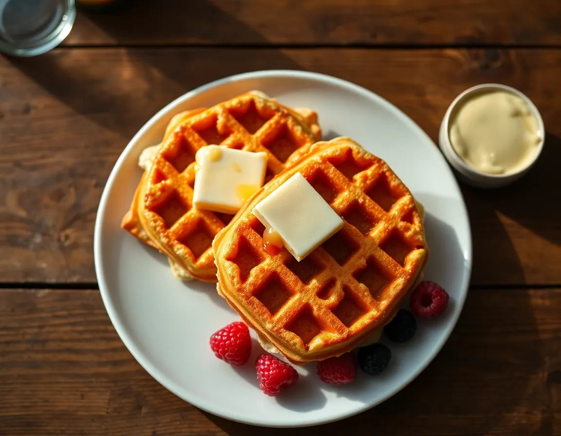 Golden crispy keto chaffles with melted butter