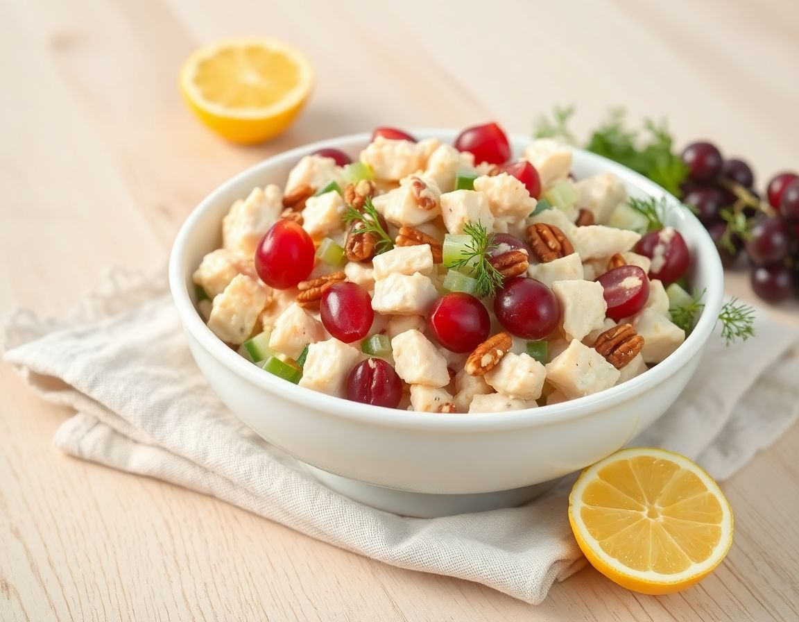 Creamy chicken salad with halved red grapes, celery, and chopped pecans in a white bowl, garnished with fresh dill.