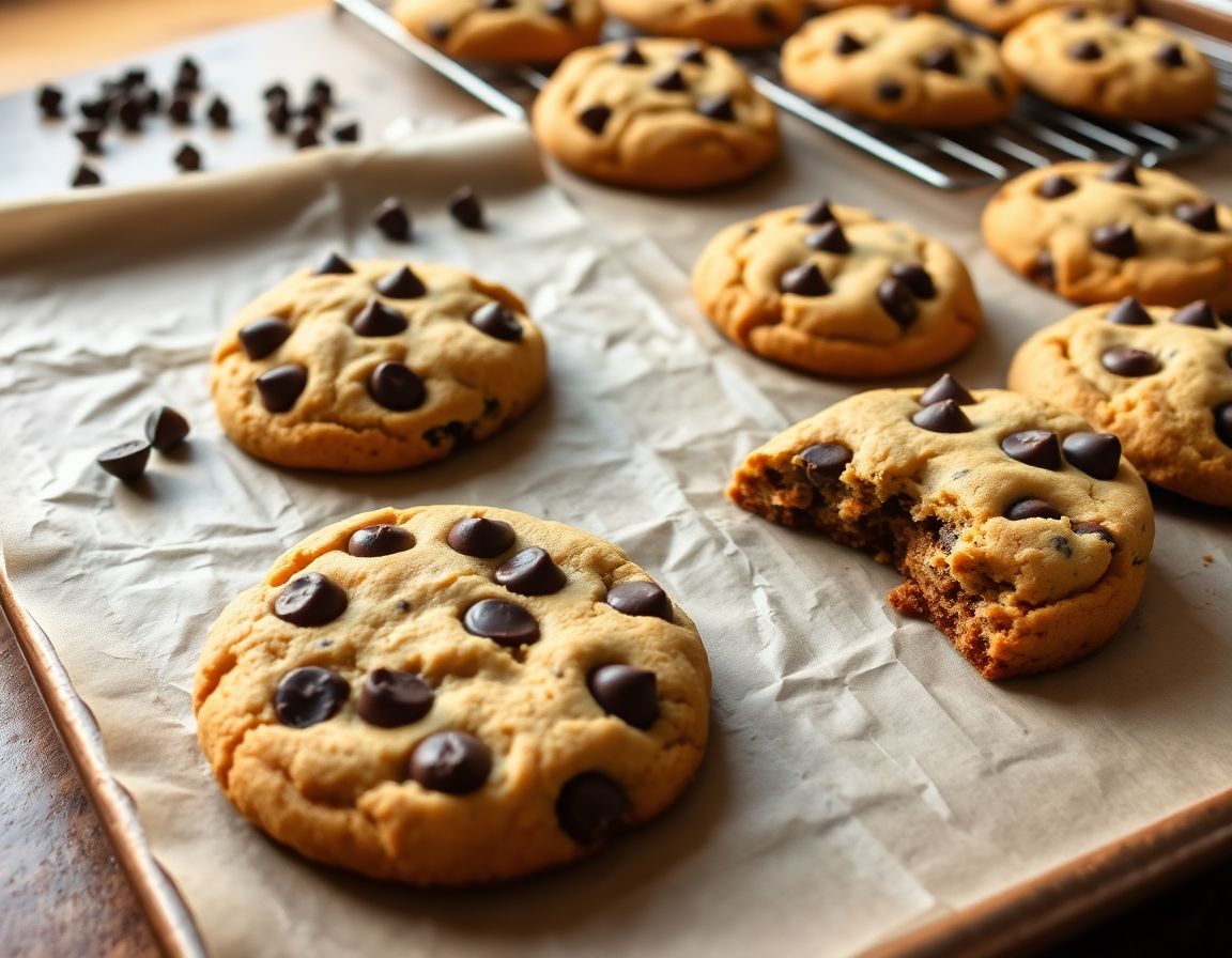 Golden keto chocolate chip cookies cooling on parchment paper, one broken in half to show melted chocolate chips.