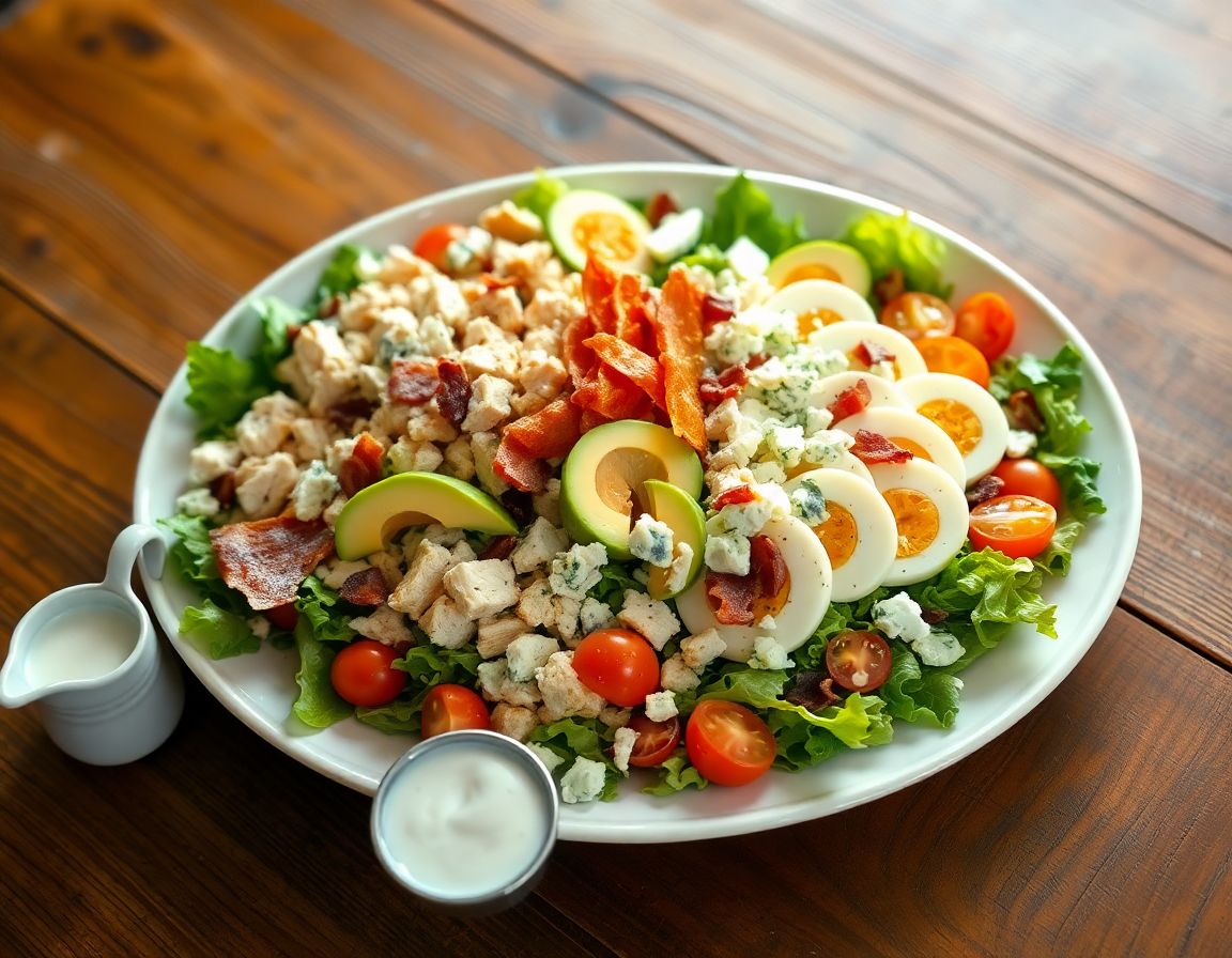 A Cobb salad on a large platter with rows of diced chicken, crumbled bacon, sliced eggs, avocado, halved grape tomatoes, and blue cheese over greens.