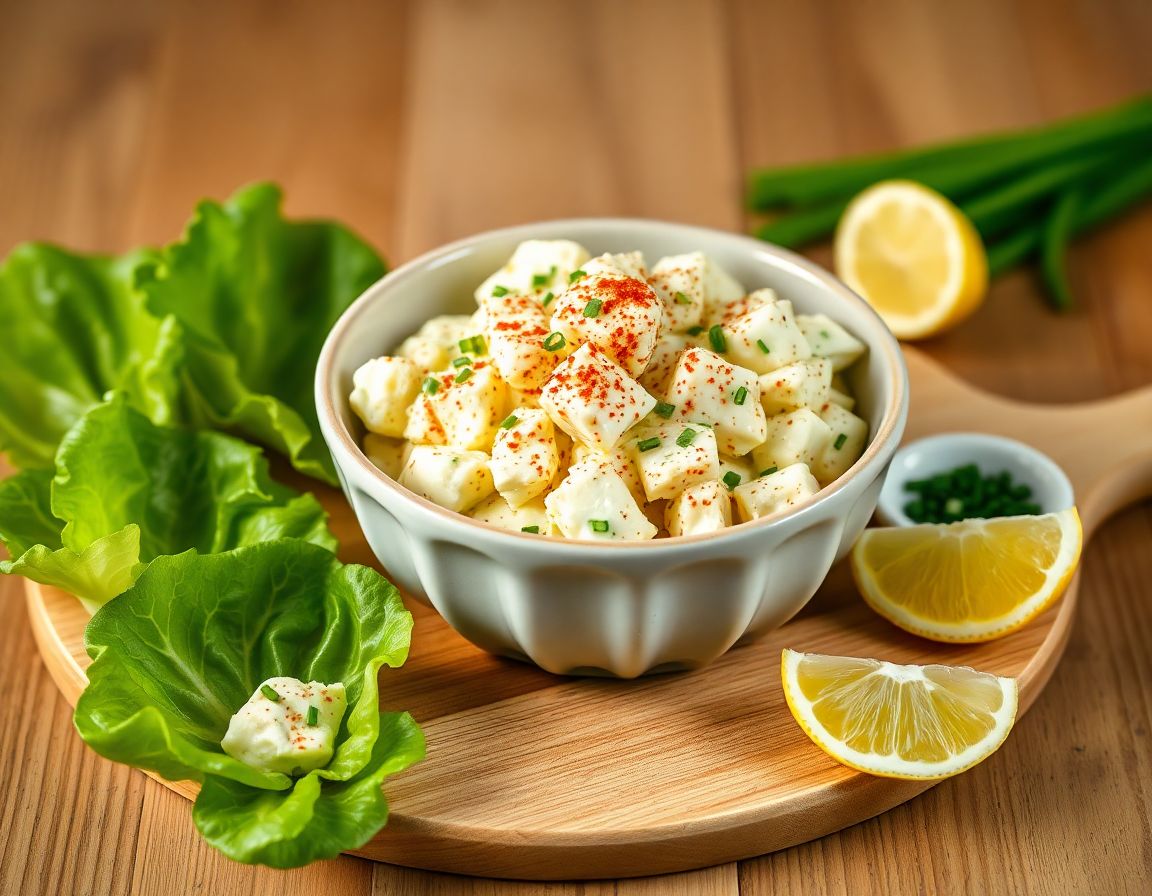 Creamy egg salad in a bowl topped with paprika and chopped chives, with butter lettuce leaves on the side.