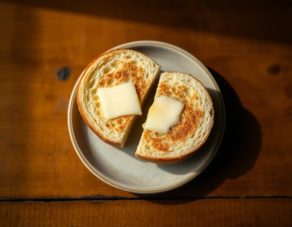 Split and toasted keto english muffin with butter