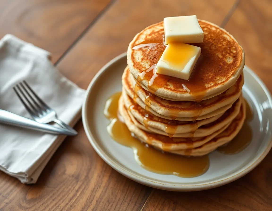 Stack of fluffy keto pancakes with butter and syrup