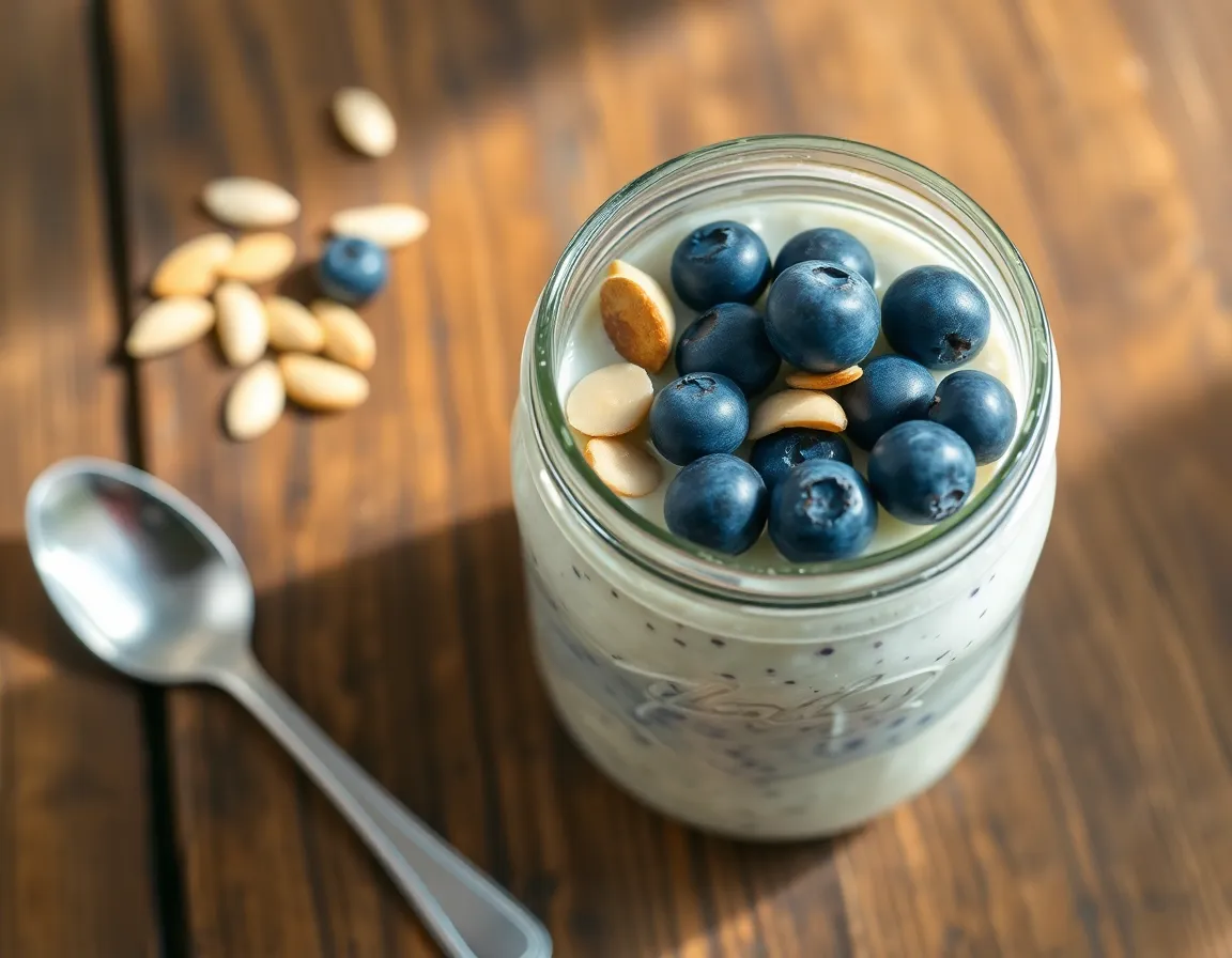 Keto overnight oats in a mason jar with blueberries