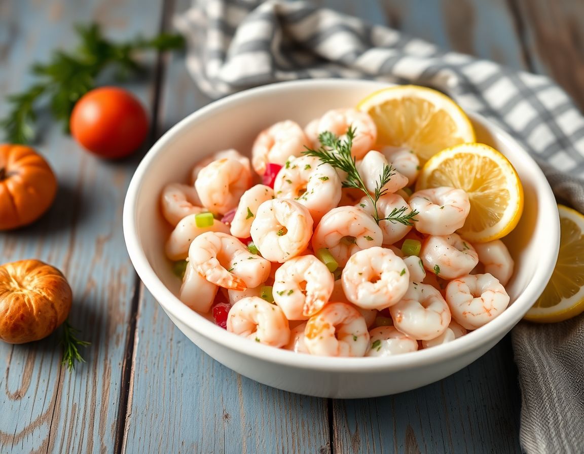 Shrimp salad with creamy dill dressing, celery, and red onion served in a white bowl with lemon wedges.